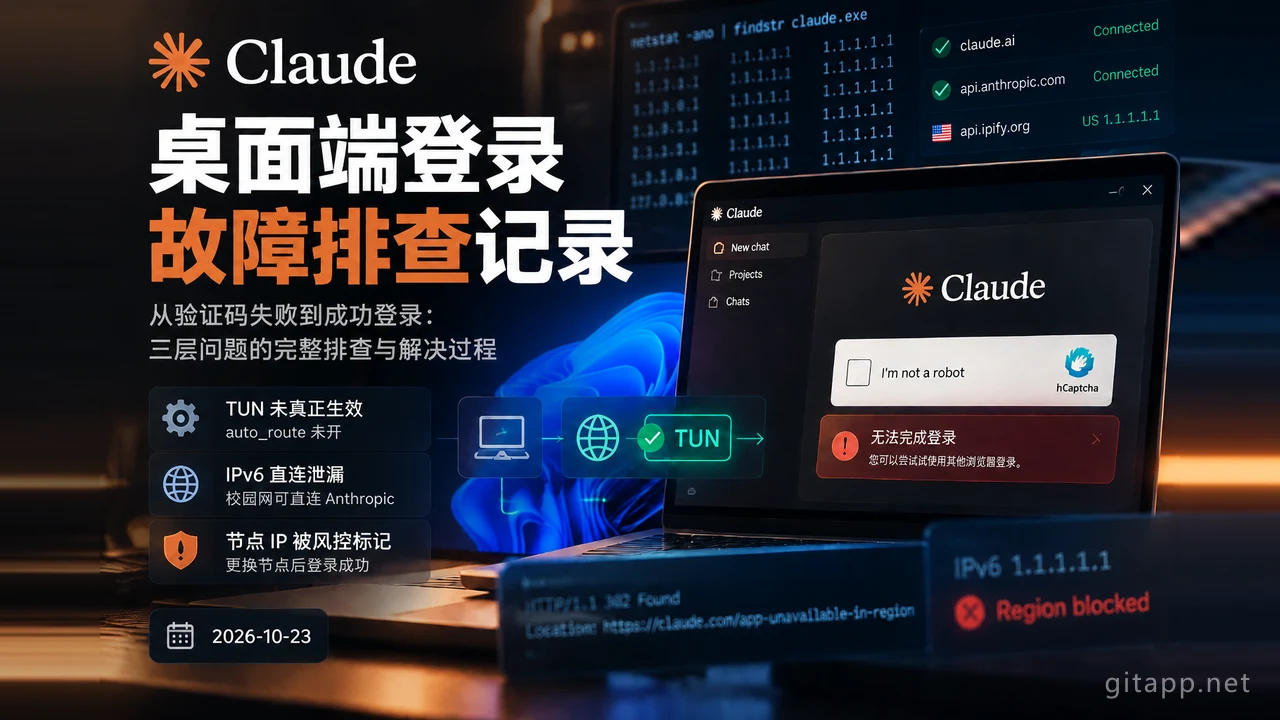 Claude 桌面端登录一直弹 hCaptcha 过不去?TUN 路由、IPv6 泄漏与节点风控排查实录(Windows)
